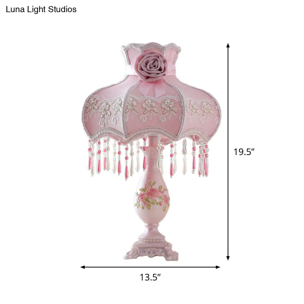 Pink Korean Garden Scalloped Table Lamp For Bedroom With Drape And Vase Base