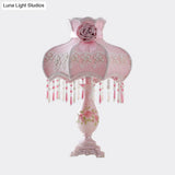 Pink Korean Garden Scalloped Table Lamp For Bedroom With Drape And Vase Base