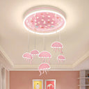 Pink Led Flush Mount Ceiling Light With Jellyfish Pendant And Seashell Decoration For Kids
