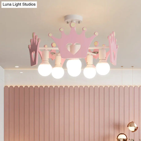 Pink Sputnik Semi Flush Mount Ceiling Light - Nordic Style With 6 Metal Bulbs And Wooden Crown Deco