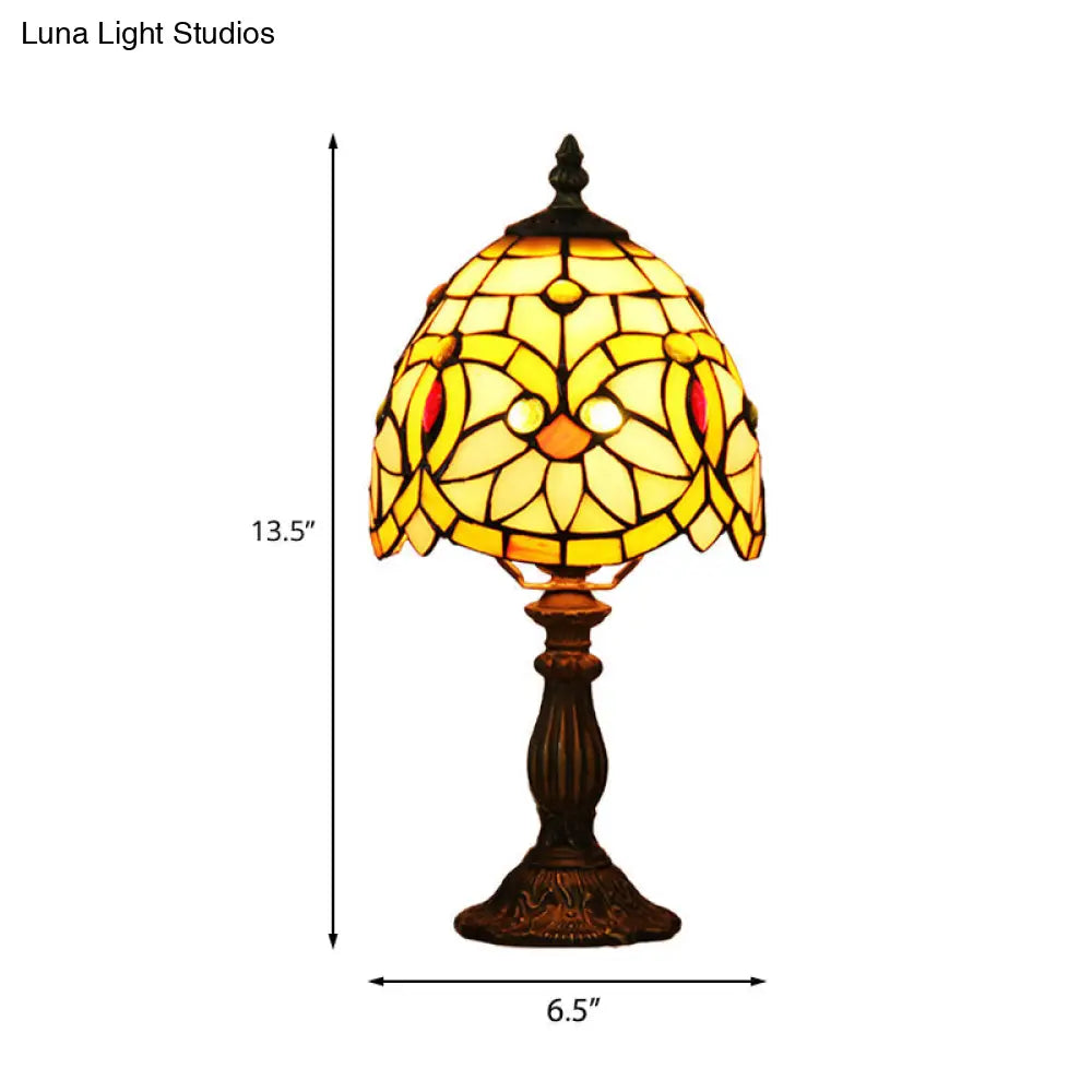 Pink Tiffany Style Stained Art Glass Dome Shaped Nightstand Lamp With Floral Pattern - 1 Head Table