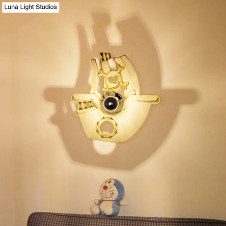 Pirate Ship Wooden Wall Lamp - Kindergarten Corridor Light Cartoon Design In Beige