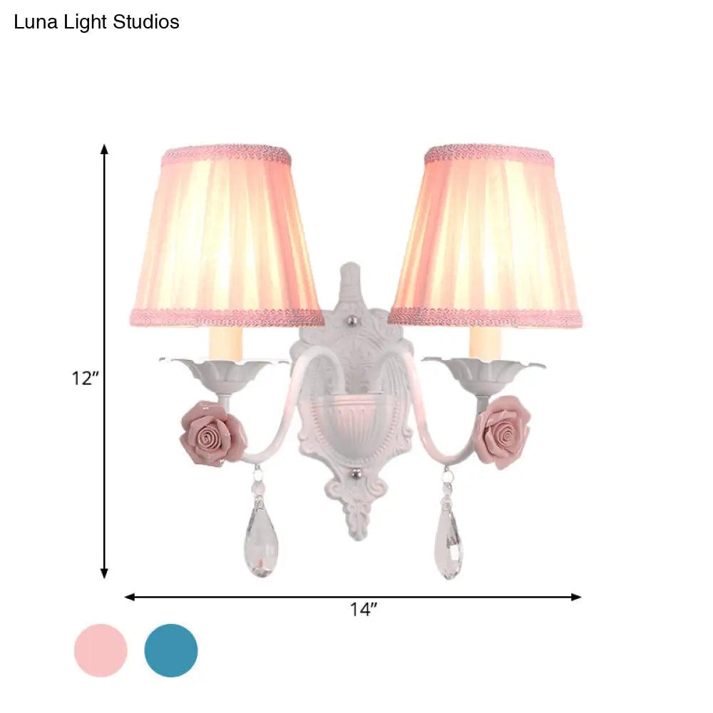 Pleated Fabric Wall Sconce: Pastoral Pink/Blue Bedside Light With Rose Decor