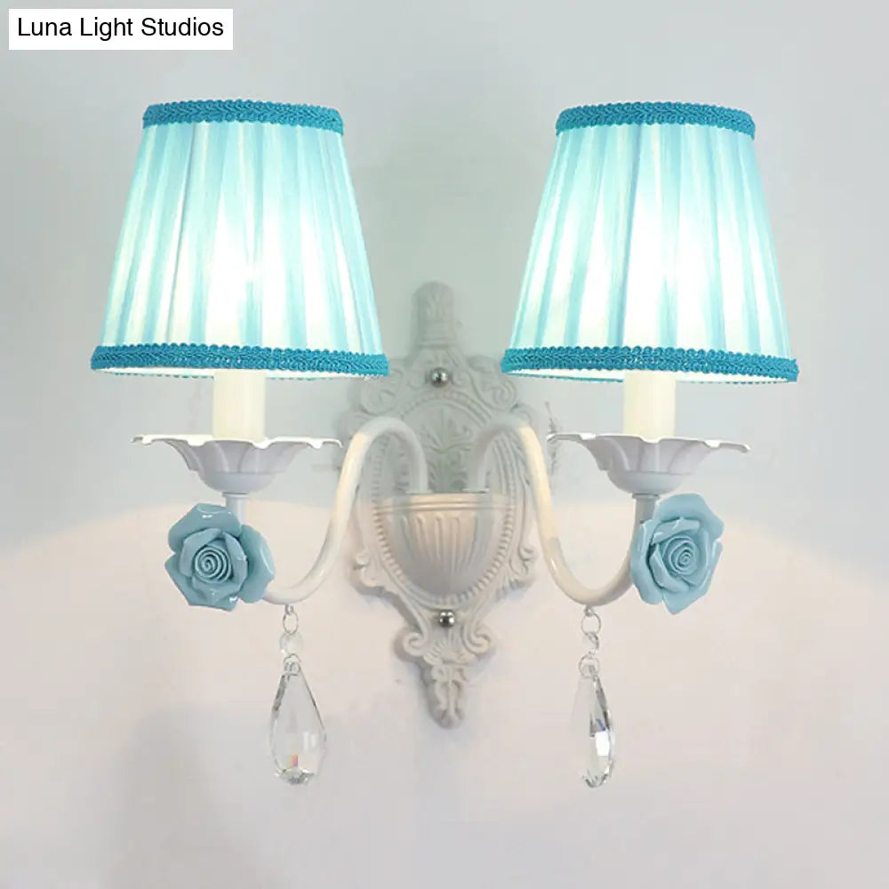 Pleated Fabric Wall Sconce: Pastoral Pink/Blue Bedside Light With Rose Decor
