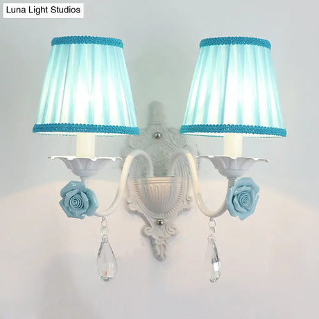 Pleated Fabric Wall Sconce: Pastoral Pink/Blue Bedside Light With Rose Decor
