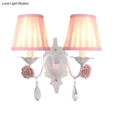 Pleated Fabric Wall Sconce: Pastoral Pink/Blue Bedside Light With Rose Decor
