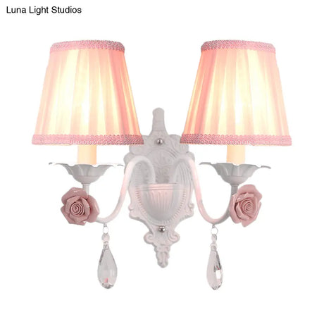 Pleated Fabric Wall Sconce: Pastoral Pink/Blue Bedside Light With Rose Decor