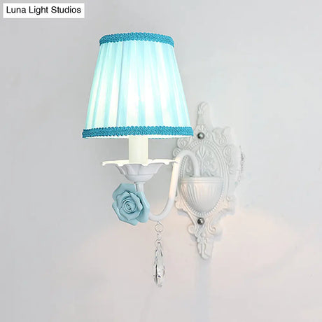 Pleated Fabric Wall Sconce: Pastoral Pink/Blue Bedside Light With Rose Decor
