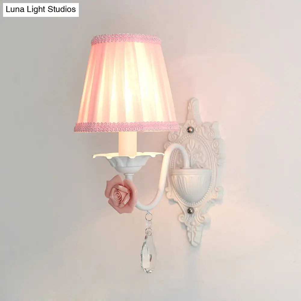 Pleated Fabric Wall Sconce: Pastoral Pink/Blue Bedside Light With Rose Decor
