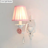 Pleated Fabric Wall Sconce: Pastoral Pink/Blue Bedside Light With Rose Decor