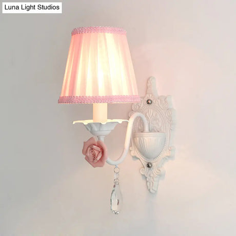 Pleated Fabric Wall Sconce: Pastoral Pink/Blue Bedside Light With Rose Decor