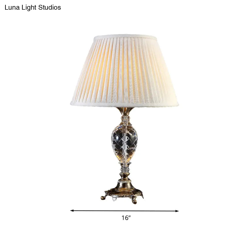 Pleated Shade Crystal Table Lamp For Bedroom Nightstand - Single Bulb Beige Countryside Collection