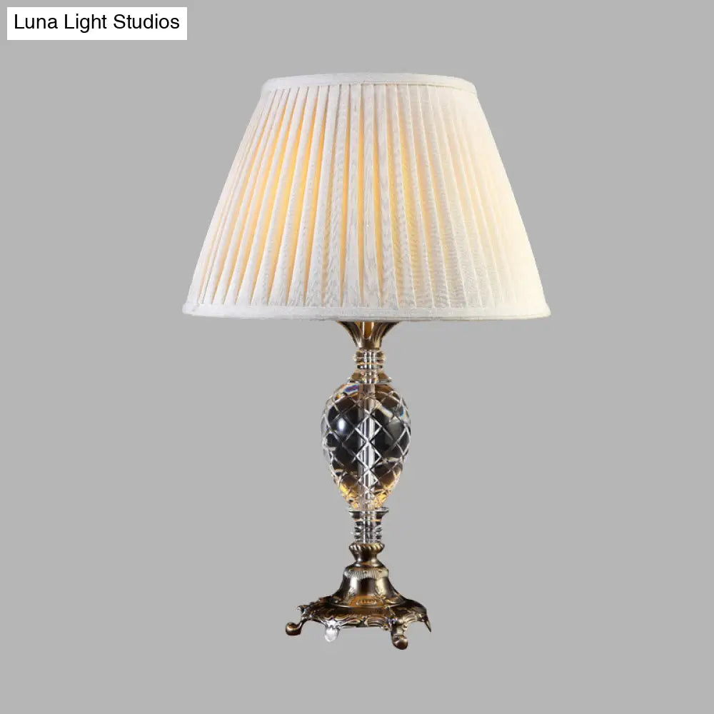 Pleated Shade Crystal Table Lamp For Bedroom Nightstand - Single Bulb Beige Countryside Collection