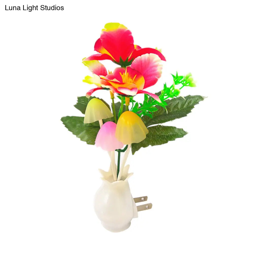 Plug-In Led Night Light: Modern Stylish Red Phalaenopsis Wall Lamp With Plastic Shade Multicolored