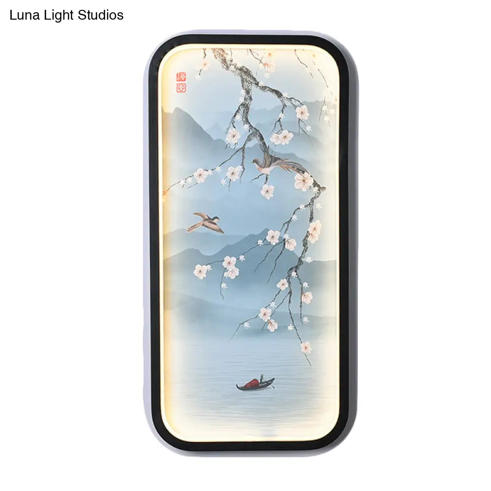 Plum Blossom Led Wall Sconce Lighting In Blue: Asian-Inspired Light Fabric For Living Room Mural