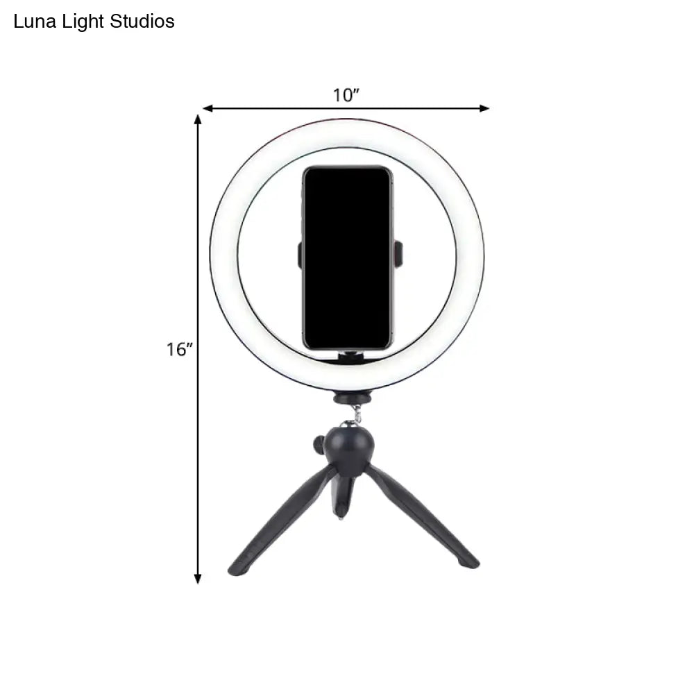 Portable Led Circle Makeup Phone Holder With Adjustable Tripod Stand In Sleek Black