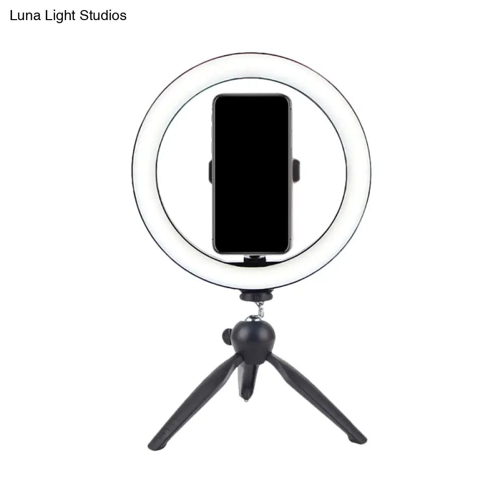 Portable Led Circle Makeup Phone Holder With Adjustable Tripod Stand In Sleek Black