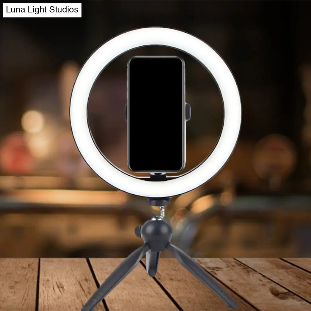 Portable Led Circle Makeup Phone Holder With Adjustable Tripod Stand In Sleek Black