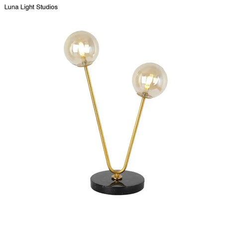 Post-Modern Black And Gold Bedroom Table Lamp With Amber Glass Shades (Set Of 2)
