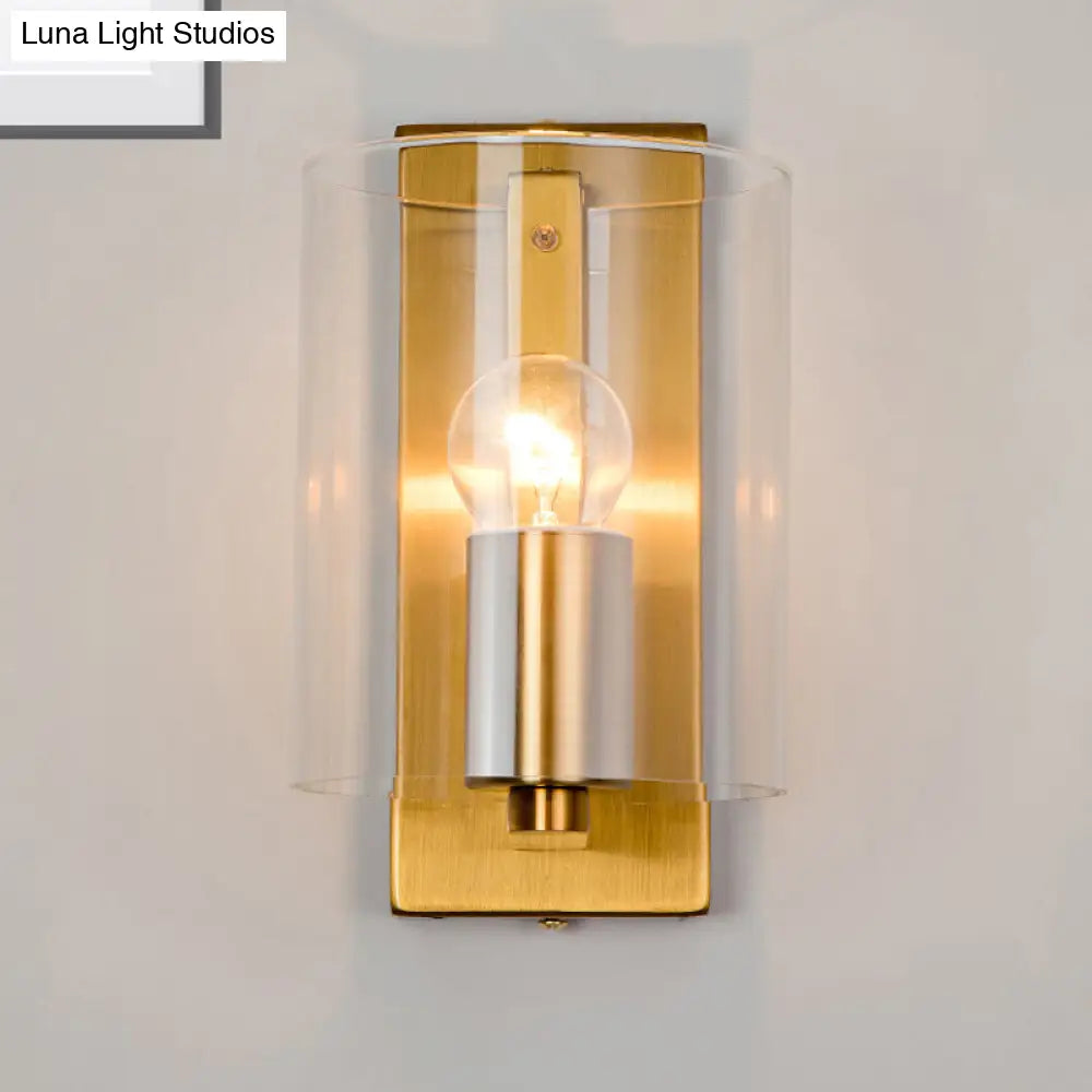 Post Modern Brass Finish Wall Lamp With Clear/Textured White Glass - Cylindric Sconce Design (1