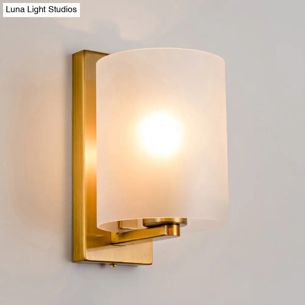 Post Modern Brass Finish Wall Lamp With Clear/Textured White Glass - Cylindric Sconce Design (1