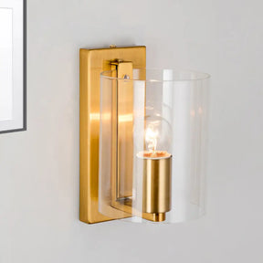 Post Modern Brass Finish Wall Lamp With Clear/Textured White Glass - Cylindric Sconce Design (1