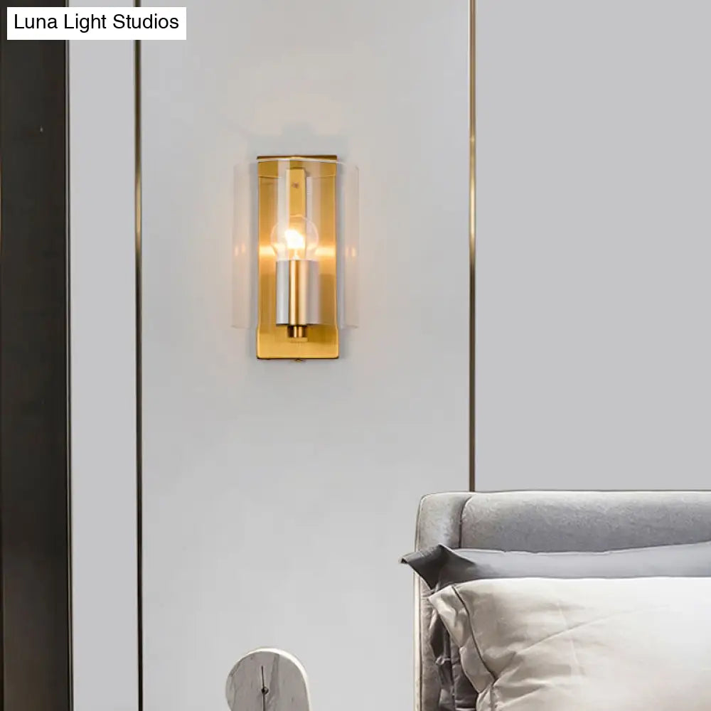 Post Modern Brass Finish Wall Lamp With Clear/Textured White Glass - Cylindric Sconce Design (1