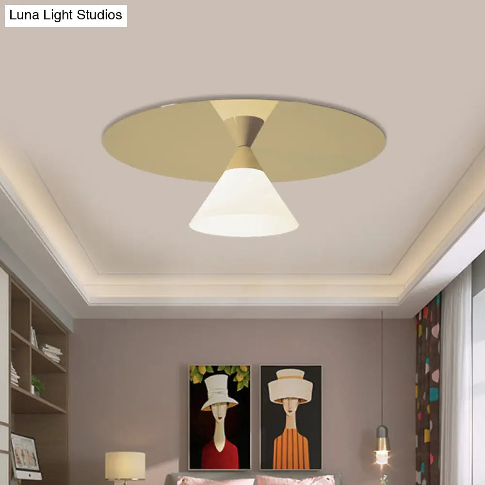 Post - Modern Brass Flush Mount Ceiling Light With White Glass Shade And Cone Design