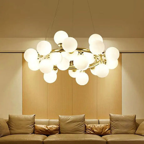 Post-Modern Gold 25-Light Opal Glass Ball Hanging Pendant Chandelier Lamp Lighting