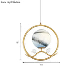 Post Modern Gold Hanging Lamp With Planet Glass Shade And Bird Deco Pendant