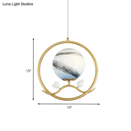 Post Modern Gold Hanging Lamp With Planet Glass Shade And Bird Deco Pendant