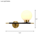 Post-Modern White Glass Sphere Wall Sconce With Brass Finish - 1/2 Bulbs
