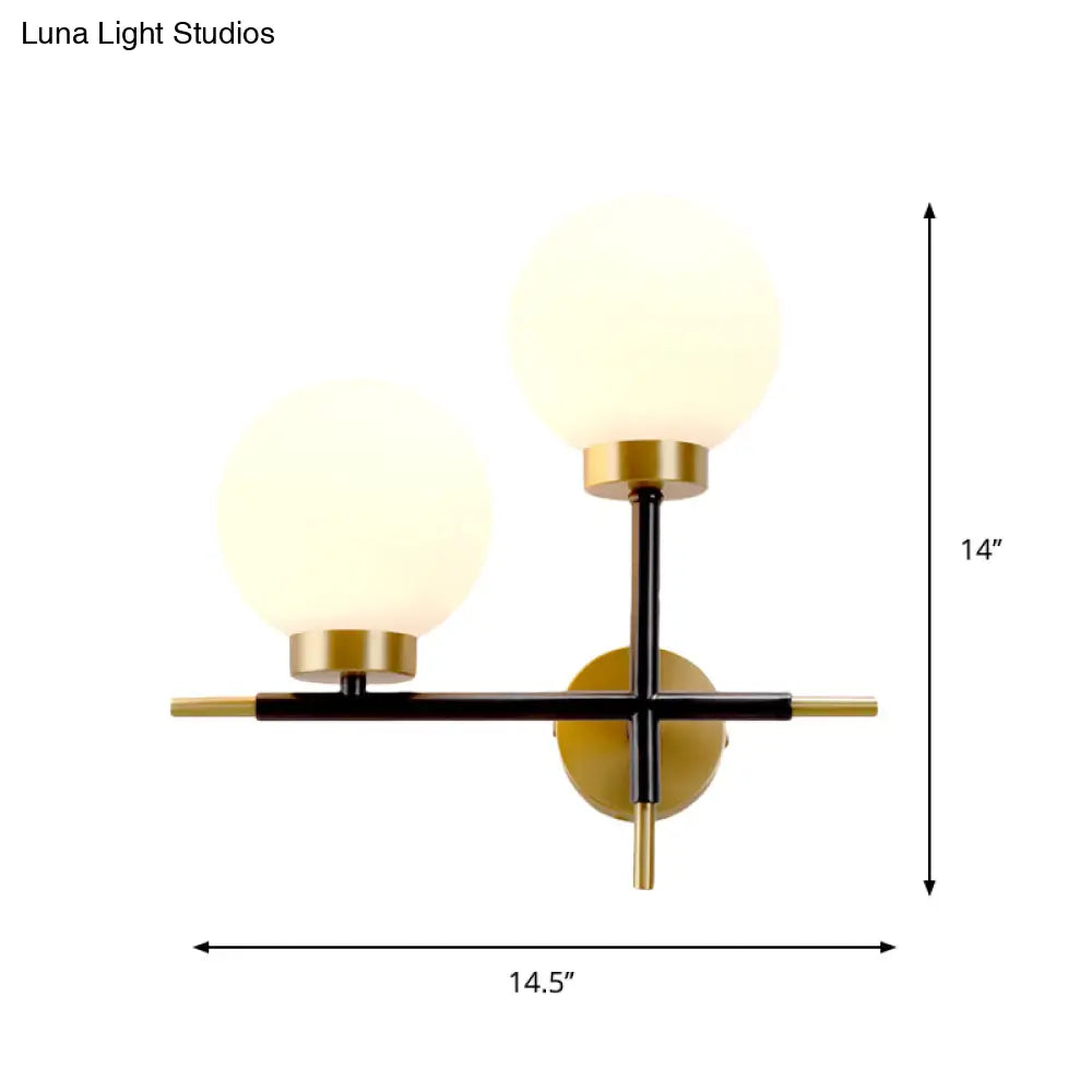 Post-Modern White Glass Sphere Wall Sconce With Brass Finish - 1/2 Bulbs