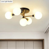 Postmodern 5 - Light Sphere Flush Mount Lamp: Glass Semi Ceiling Light In Black - Brass For Bedrooms