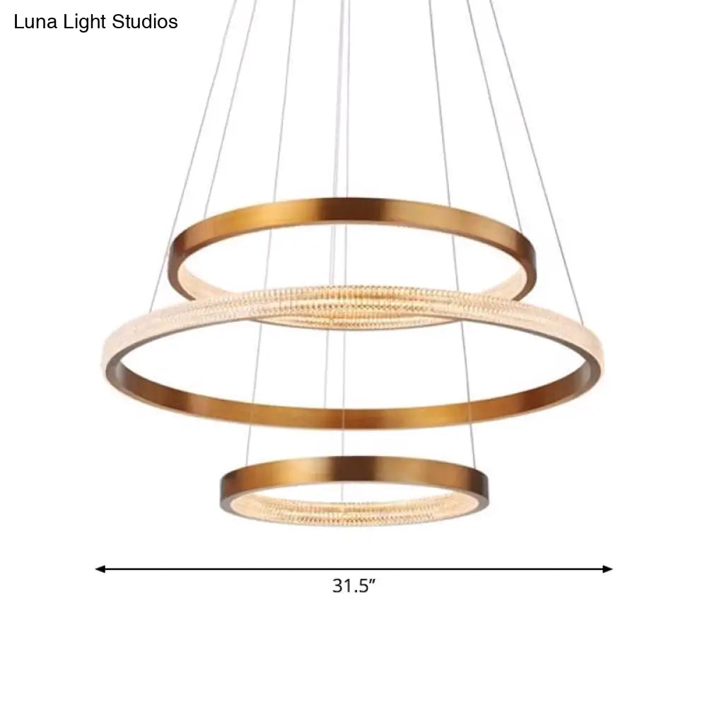 Postmodern Aluminum Led Chandelier With Gold Finish - 2/3 Tiered Hoop Pendant Light