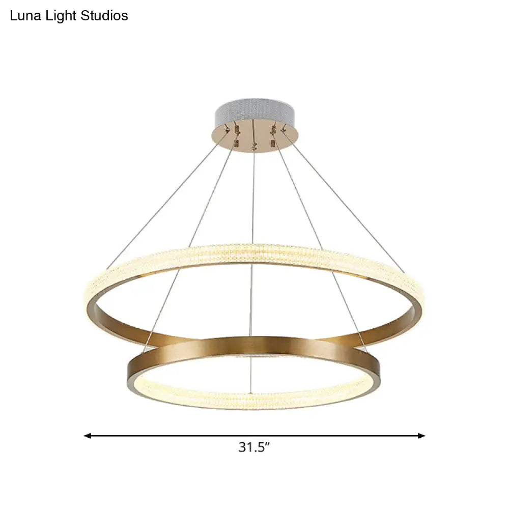 Postmodern Aluminum Led Chandelier With Gold Finish - 2/3 Tiered Hoop Pendant Light