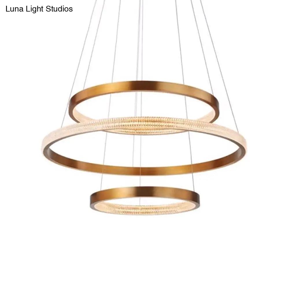 Postmodern Aluminum Led Chandelier With Gold Finish - 2/3 Tiered Hoop Pendant Light