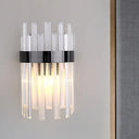 Postmodern Black/Gold Sconce Light Fixture With Crystal Rod Shade - 2 Heads Bedroom Wall Black
