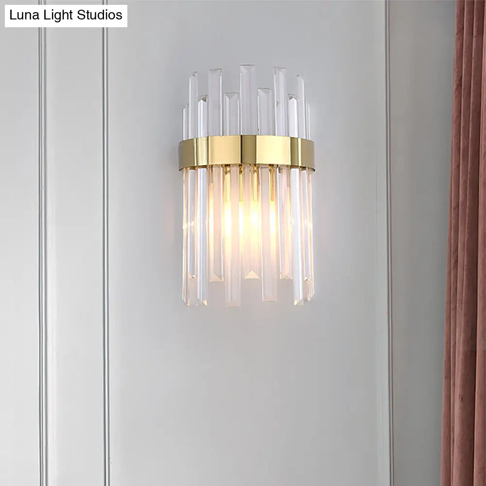 Postmodern Black/Gold Sconce Light Fixture With Crystal Rod Shade - 2 Heads Bedroom Wall