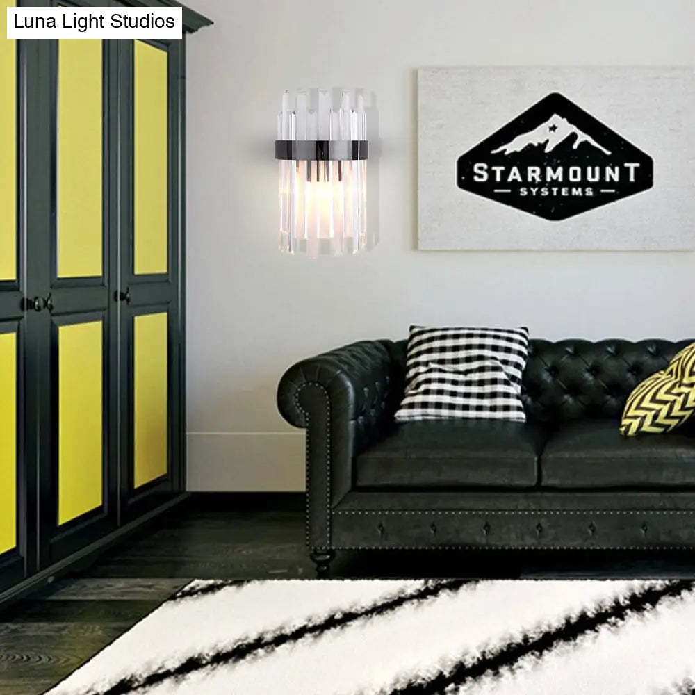 Postmodern Black/Gold Sconce Light Fixture With Crystal Rod Shade - 2 Heads Bedroom Wall