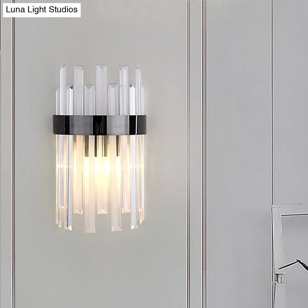 Postmodern Black/Gold Sconce Light Fixture With Crystal Rod Shade - 2 Heads Bedroom Wall