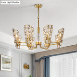Postmodern Brass Candelabra Pendant Chandelier With Crystal Encrusted Ceiling Suspension – 6 Heads