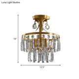 Postmodern Brass Drum Flush Mount Ceiling Light With Crystal Prism - 3 Lights