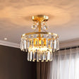 Postmodern Brass Drum Flush Mount Ceiling Light With Crystal Prism - 3 Lights
