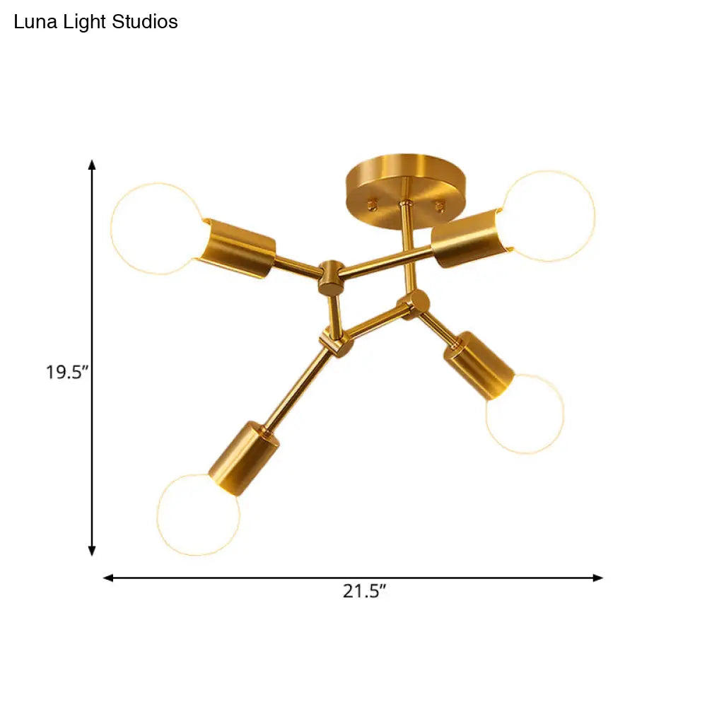 Postmodern Brass Flush Mount Lighting With Rotating Metal Molecule Design