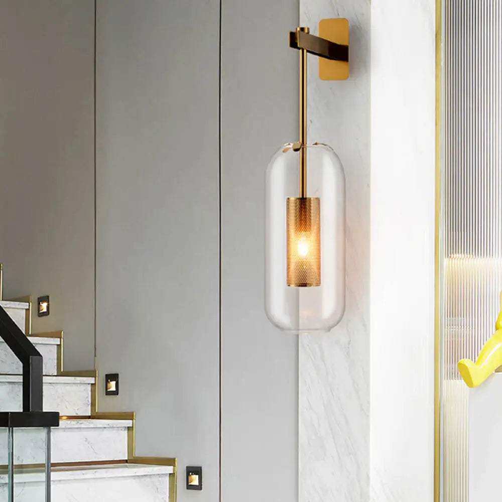 Postmodern Capsule Wall Hanging Light Clear Glass Bedside Lamp 1 Bulb Interior Mesh Guard Black/Gold