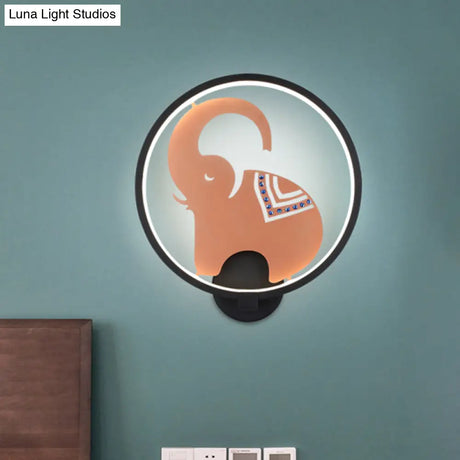 Postmodern Circular Metallic Mural Lamp: Led Elephant Wall Lighting Fixture In