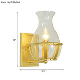 Postmodern Clear Glass Vase Sconce Light Fixture - Gold Wall Mounted Lamp With Basket Base
