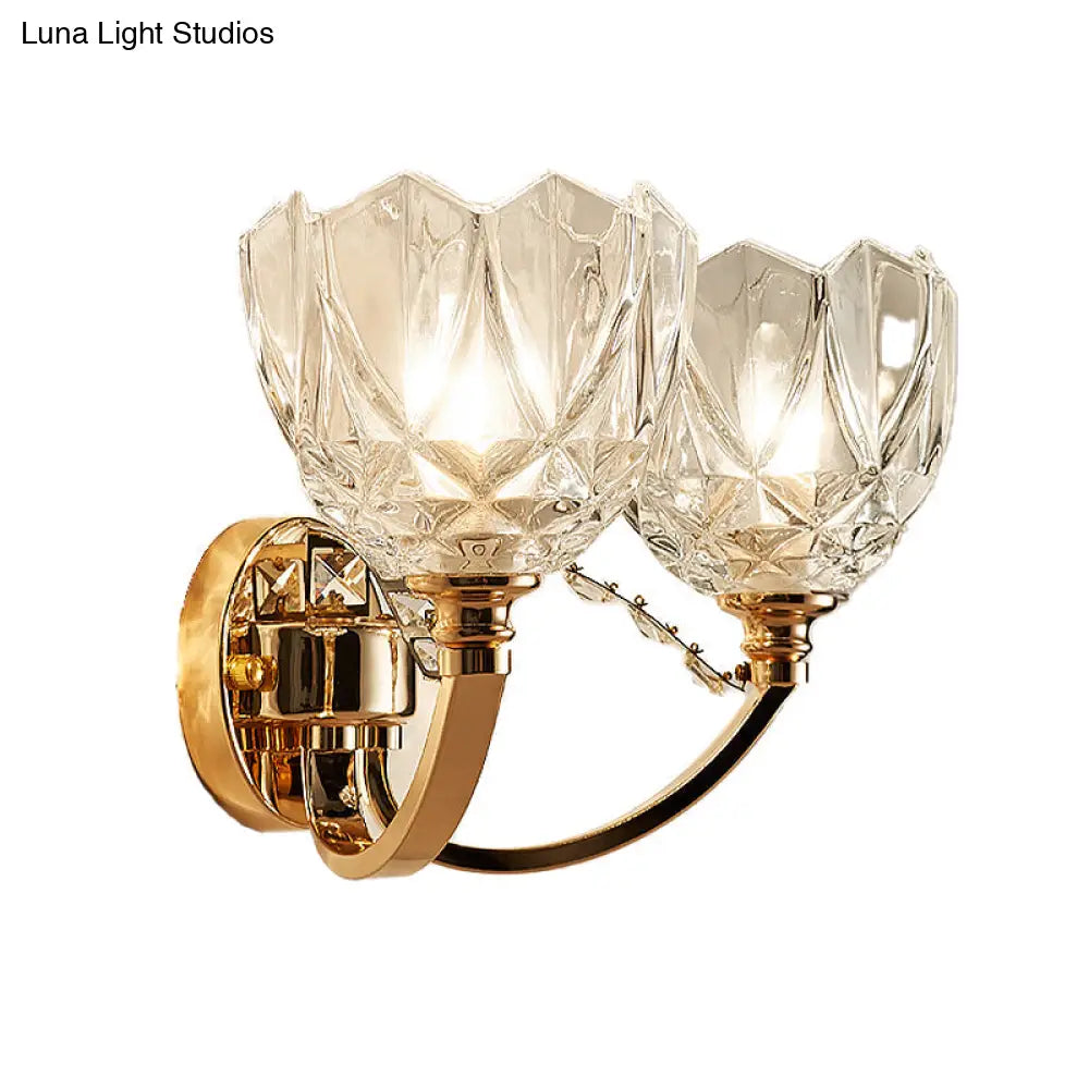 Postmodern Clear Glass Wall Mount Sconce Light With Crystal Accent - Gold Finish