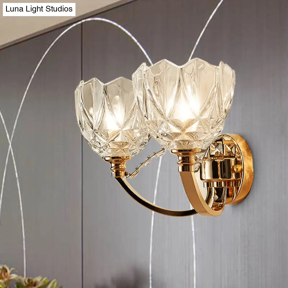 Postmodern Clear Glass Wall Mount Sconce Light With Crystal Accent - Gold Finish